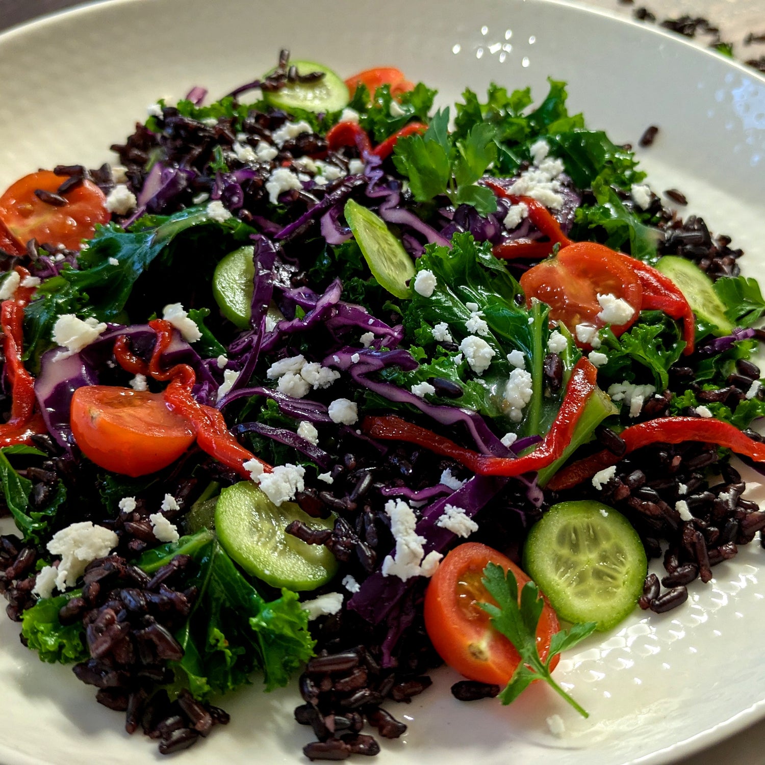 ITALIAN BLACK RICE SALAD, WITH KALE, RED CABBAGE, ROASTED RED PEPPERS AND CRUMBLED FETA 