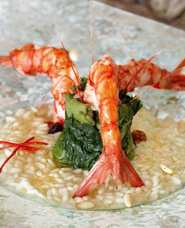 foto ricetta Risotto con scarola, pinoli, uvetta e gamberoni rossi del Mediterraneo 