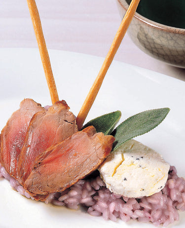 foto ricetta Riso con funghi, mirtilli, formaggio di capra e anatra croccante 