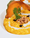 foto ricetta Riso di zucca gialla con cuore di blu dolce di capra e amaretto all'aceto balsamico 