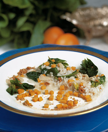 RISOTTO AUX ÉPINARDS, COURGE BUTTERNUT ET BISCUITS AMARETTI 