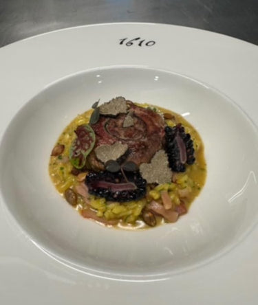 PHEASANT, GROUSE, CHICKEN AND DUCK ROULADE, SMOKED BACON AND SAFFRON RISOTTO 