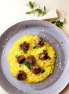 SAFFRON RISOTTO WITH MINTED SMOKEY LAMB MEATBALLS AND PECORINO 
