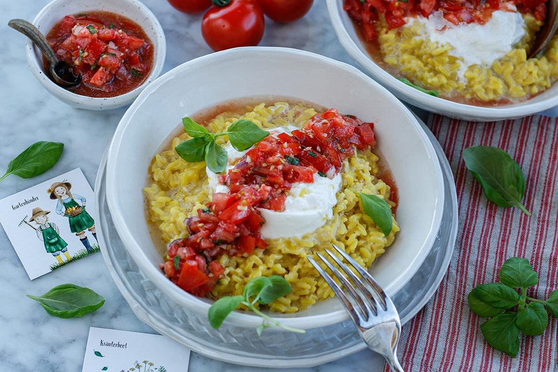 Bonta Pronte Risotto Milanese mit Burrata und Tomaten-Salsa 