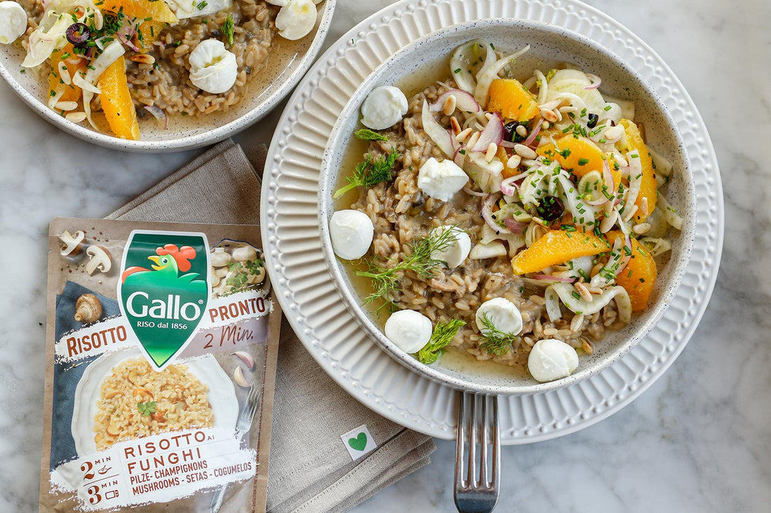 Risotto Funghi mit Büffelmozzarella und Orangen-Fenchel-Salat 