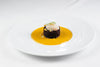 Battuta di scampi su Riso Gallo Nero, crema di zucca e lenticchie 